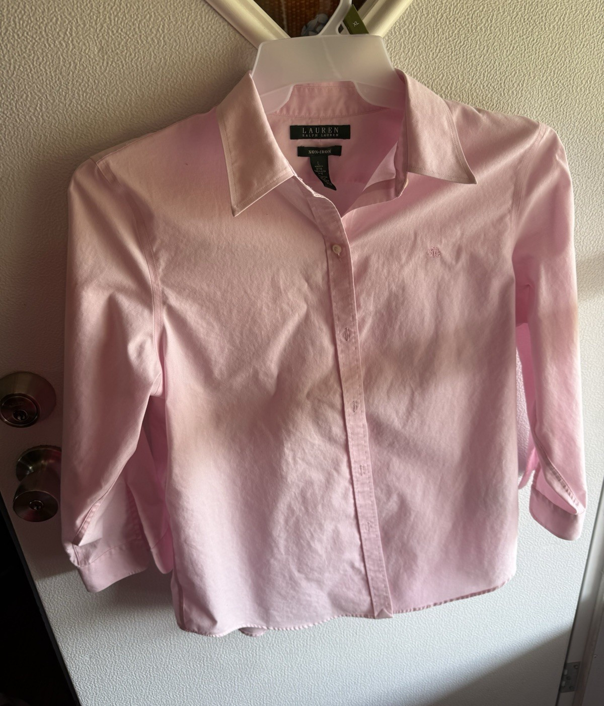 Lauren Ralph Lauren Non-Iron Pink Collared 3/4 Sleeve Cotton Button-Up L