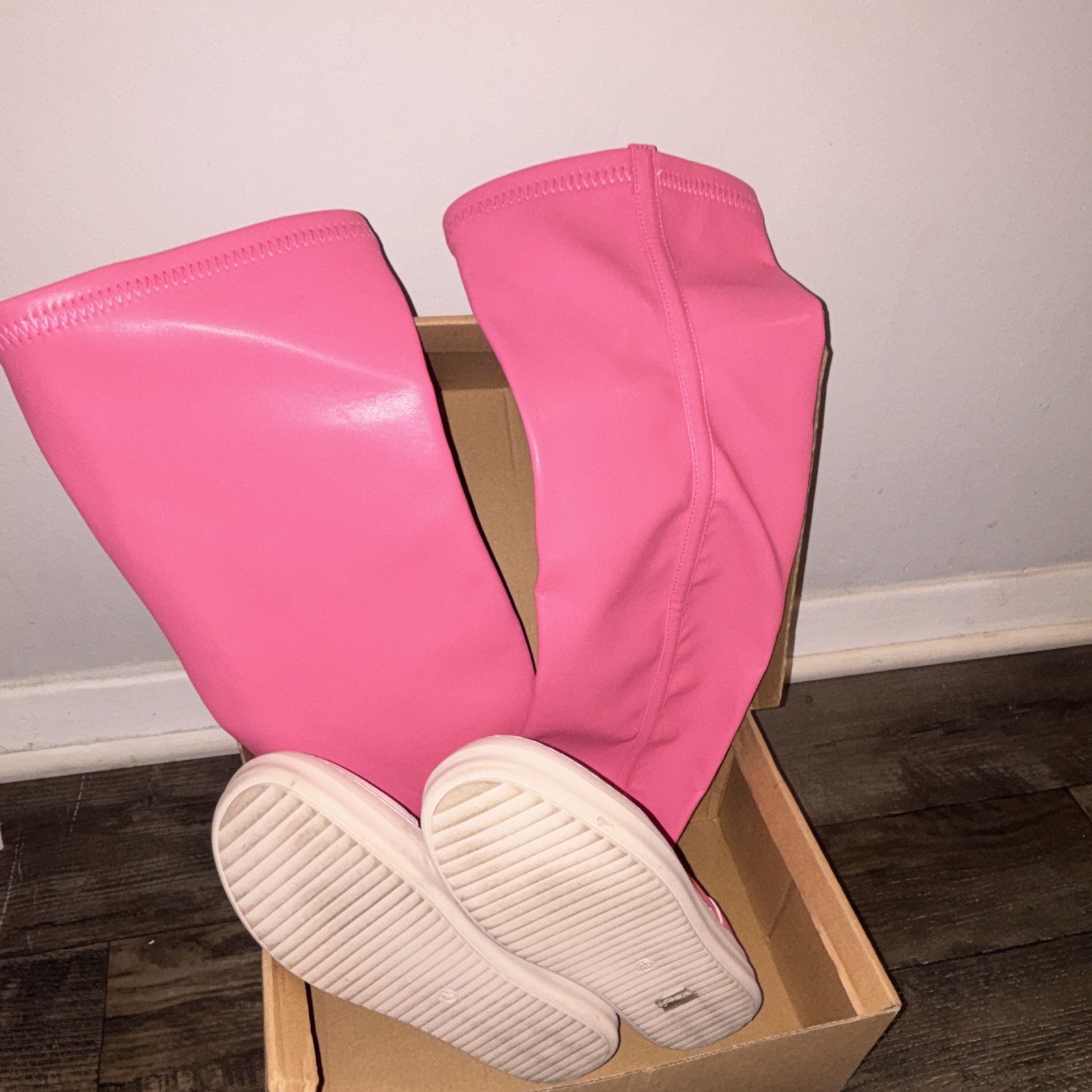 Women’s Pink Sock Thigh-High Boots Synthetic Upper Round Toe Solid Size 9