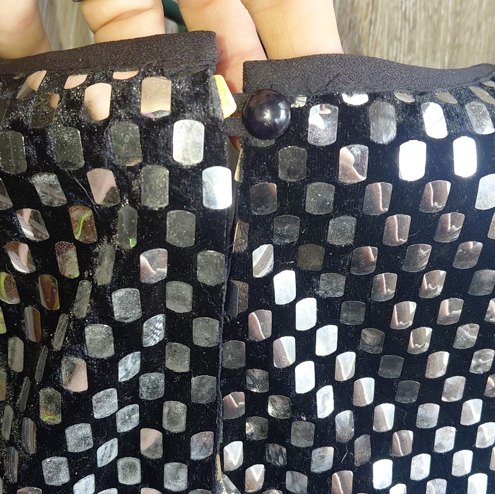 Michael Allen Ltd Vintage Black Silver Sequin Geometric Dolman Sleeve Blouse L