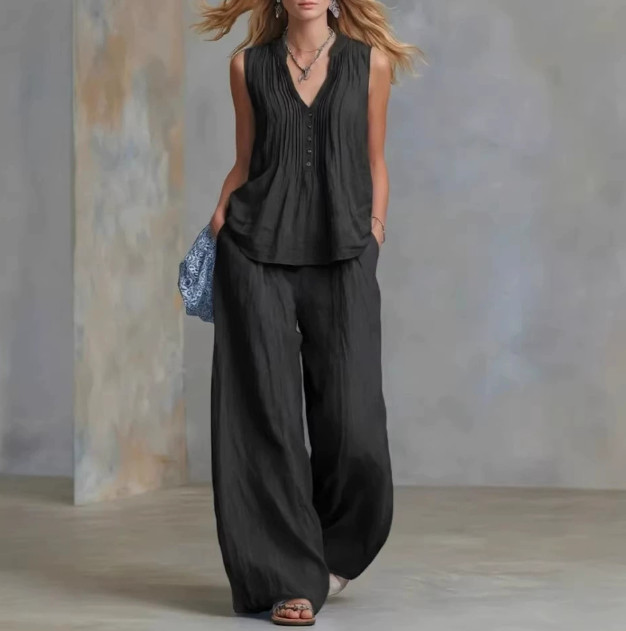 Womens 2 Piece Outfit V Neck Sleeveless Top Wide Leg Pants Casual Lounge Set
