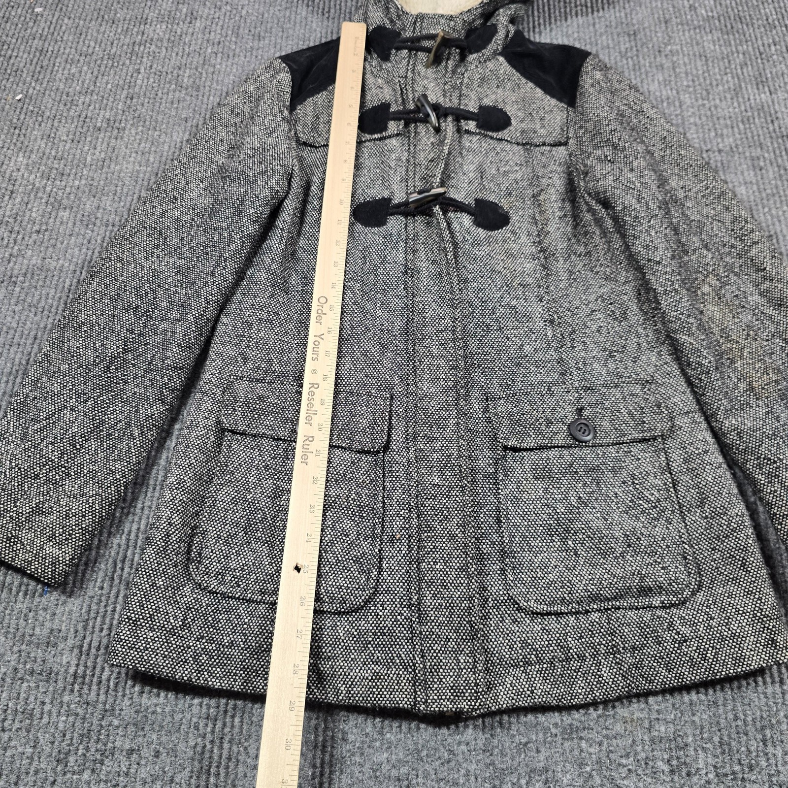 PrAna Coat Womens Small Gray Tweed Hooded Toggle Parka Lined Insulated Pockets