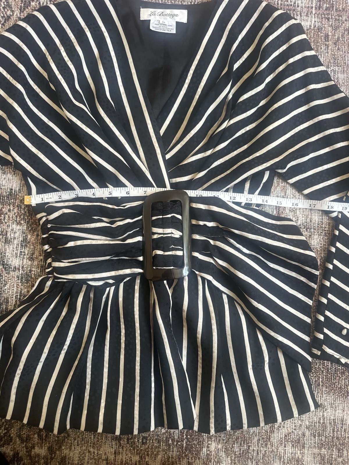 La Bottega Black & White Striped 100% Silk Belted Buckle Blouse Long Sleeve 10
