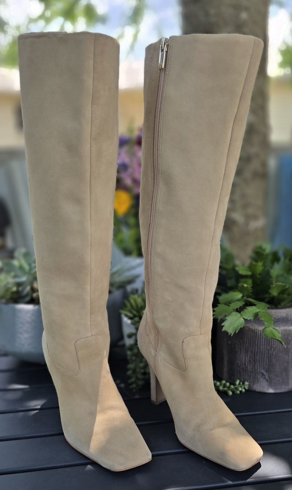 Vince Camuto Kalinder Beige Suede Knee High Zip Boots Lined Square Toe US 8