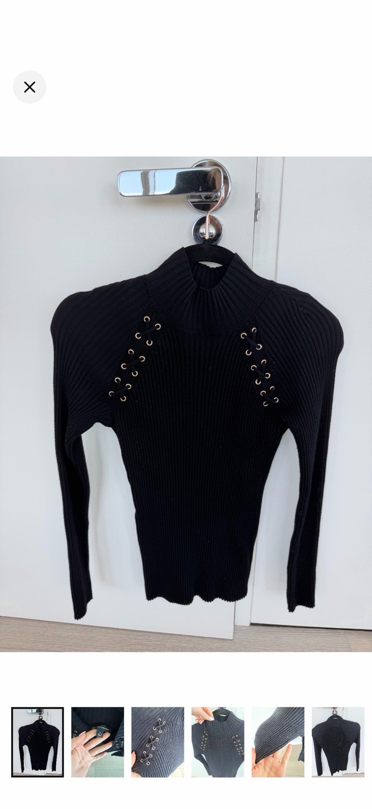 INC International Concepts Black Rib-Knit Mock Neck Lace-Up Stretch Sweater S