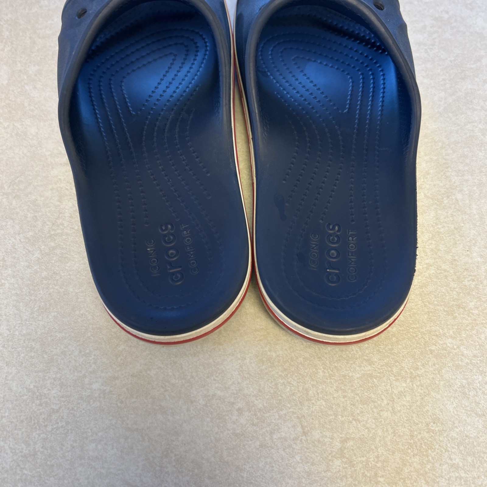 Crocs Bayaband Navy Blue Red White Slip-On Slide Sandals Womens Size 9 Mens 7