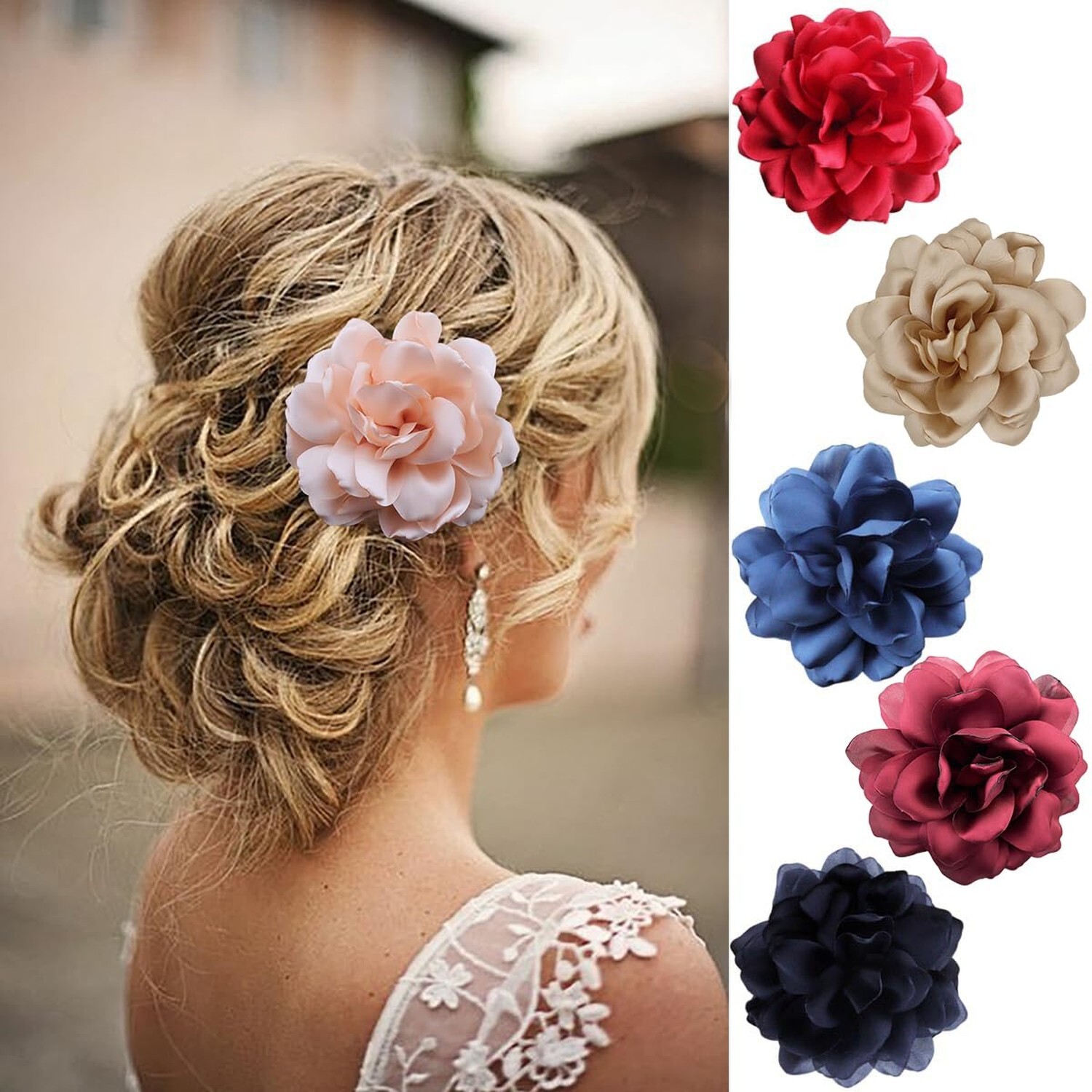 Large Camellia Satin Fabric Flower Brooch Pins Hairpin for Women,ladies. Khaki