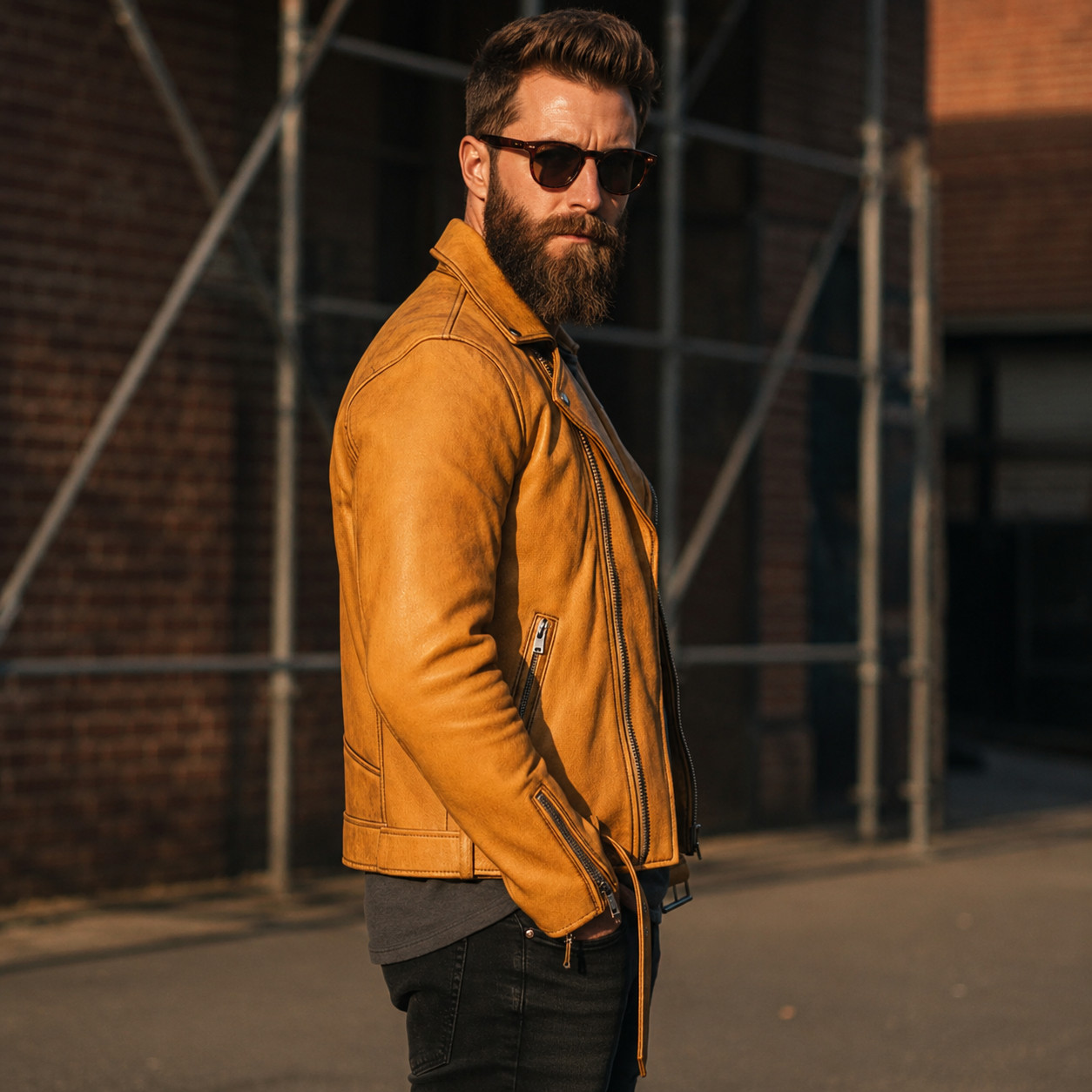 Men’s Mustard Leather Jacket Genuine Sheepskin Moto Biker Jacket Classic Style
