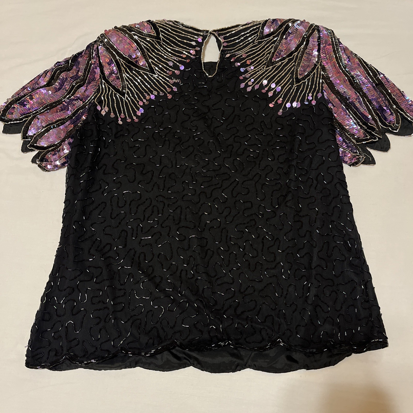 VINTAGE Laurence Kazar Women Blouse L Black Silk Beaded Sequin Wings 90s