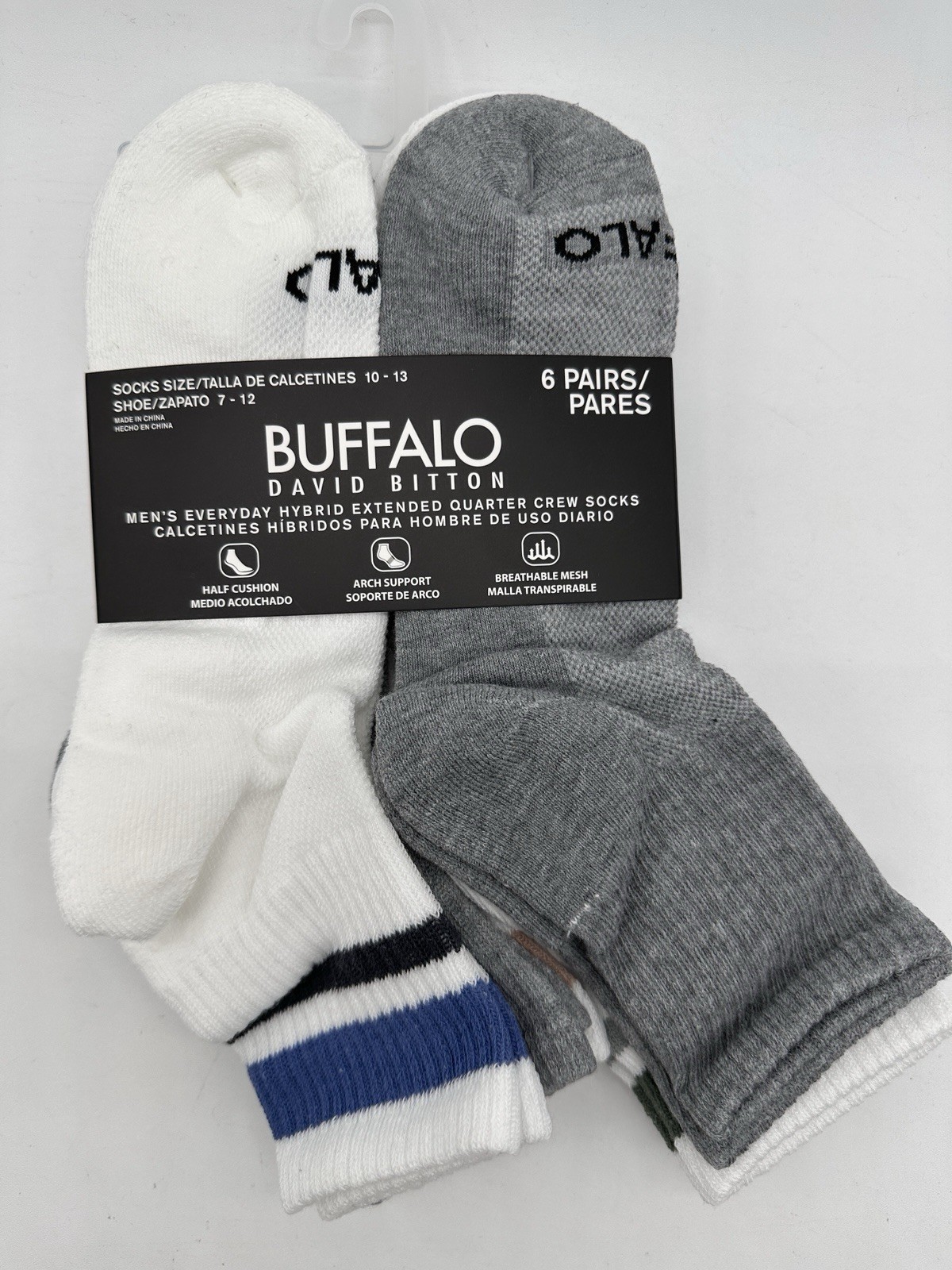 NEW 6 PAIR MENS BUFFALO BY DAVID BITTON HYBIRD EXTENDED QUARTER CREW SOCKS LARGE