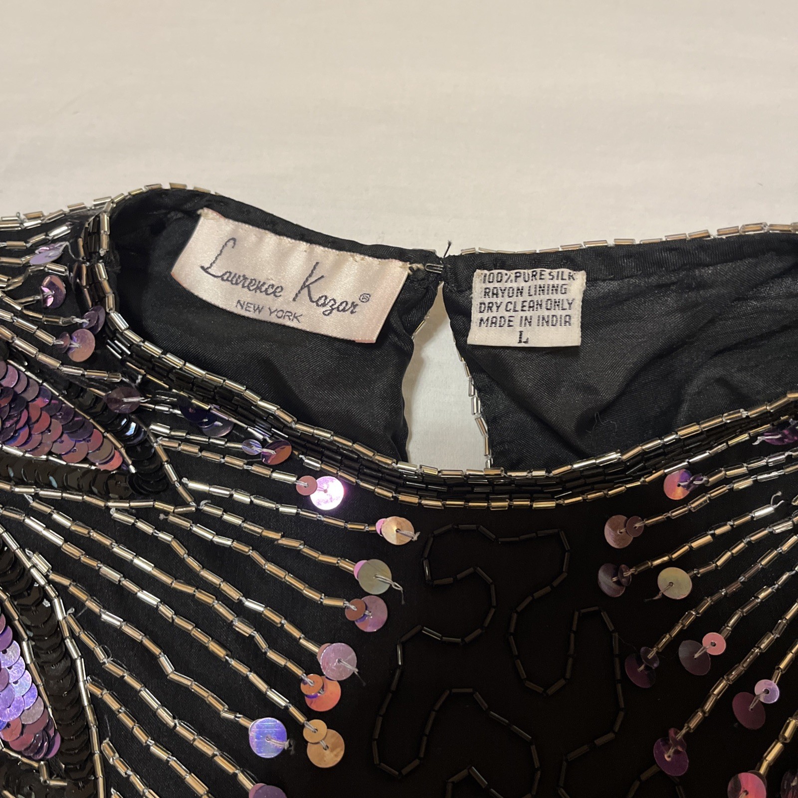 VINTAGE Laurence Kazar Women Blouse L Black Silk Beaded Sequin Wings 90s