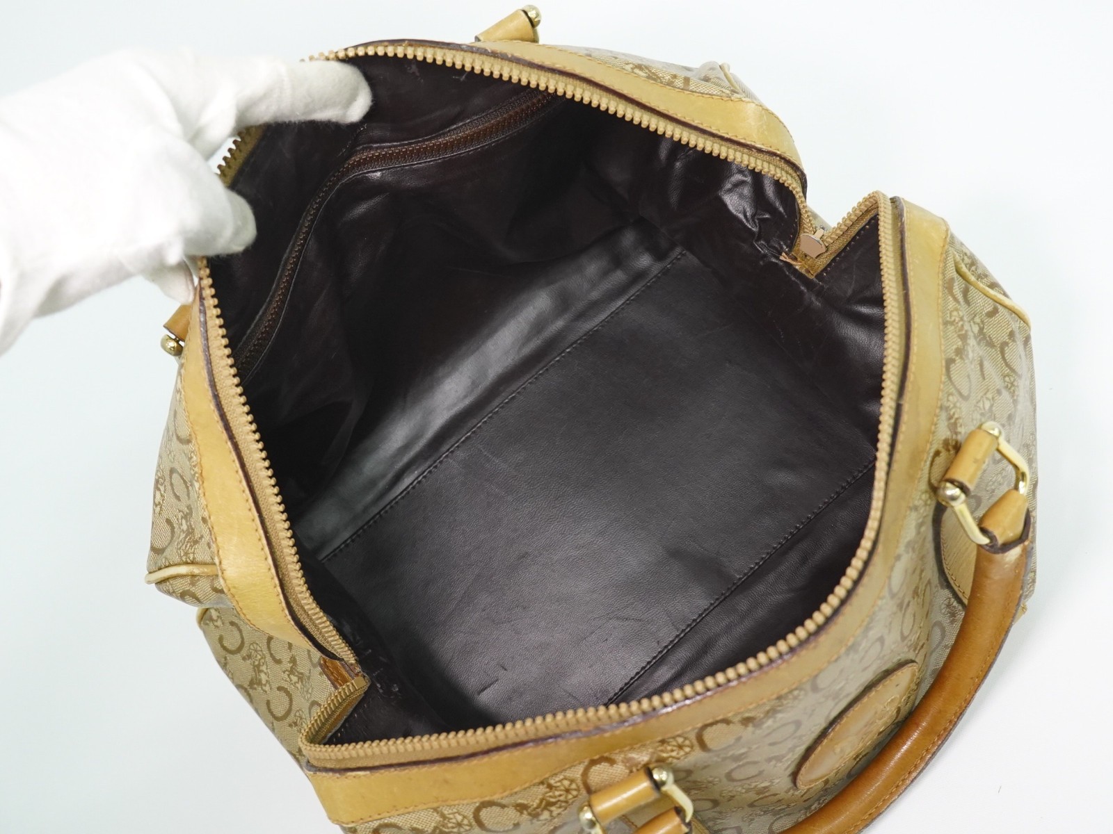 CELINE C Macadam PVC Boston Handbag Beige Gold