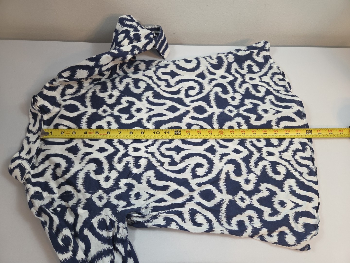 Gretchen Scott Blouse Blue White Swirl Button Up 3/4 Sleeve Size XS