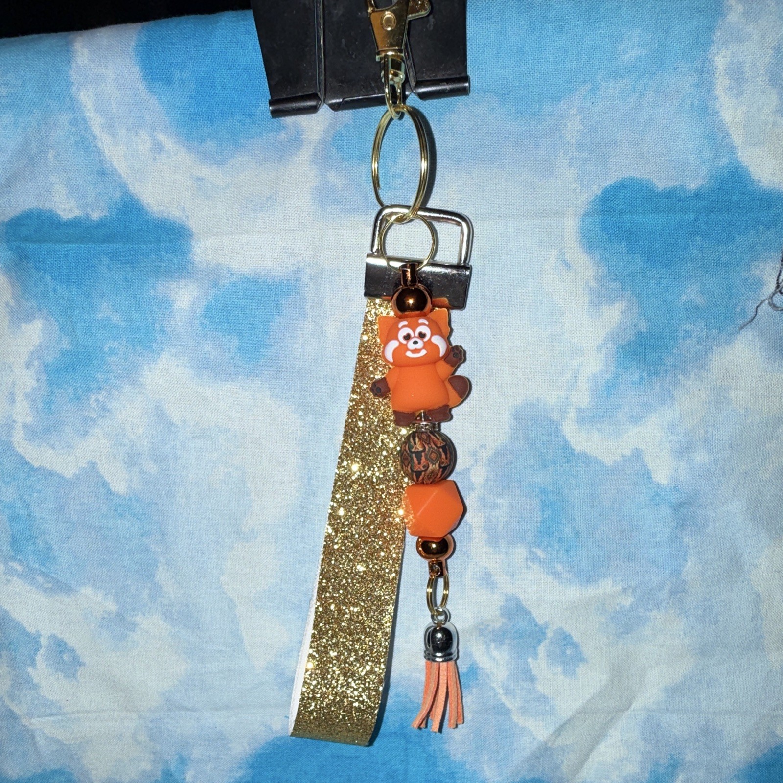 Gold Glitter Strap Red Panda Beaded Tassel Key Chain/Bag Charm w/Keyring