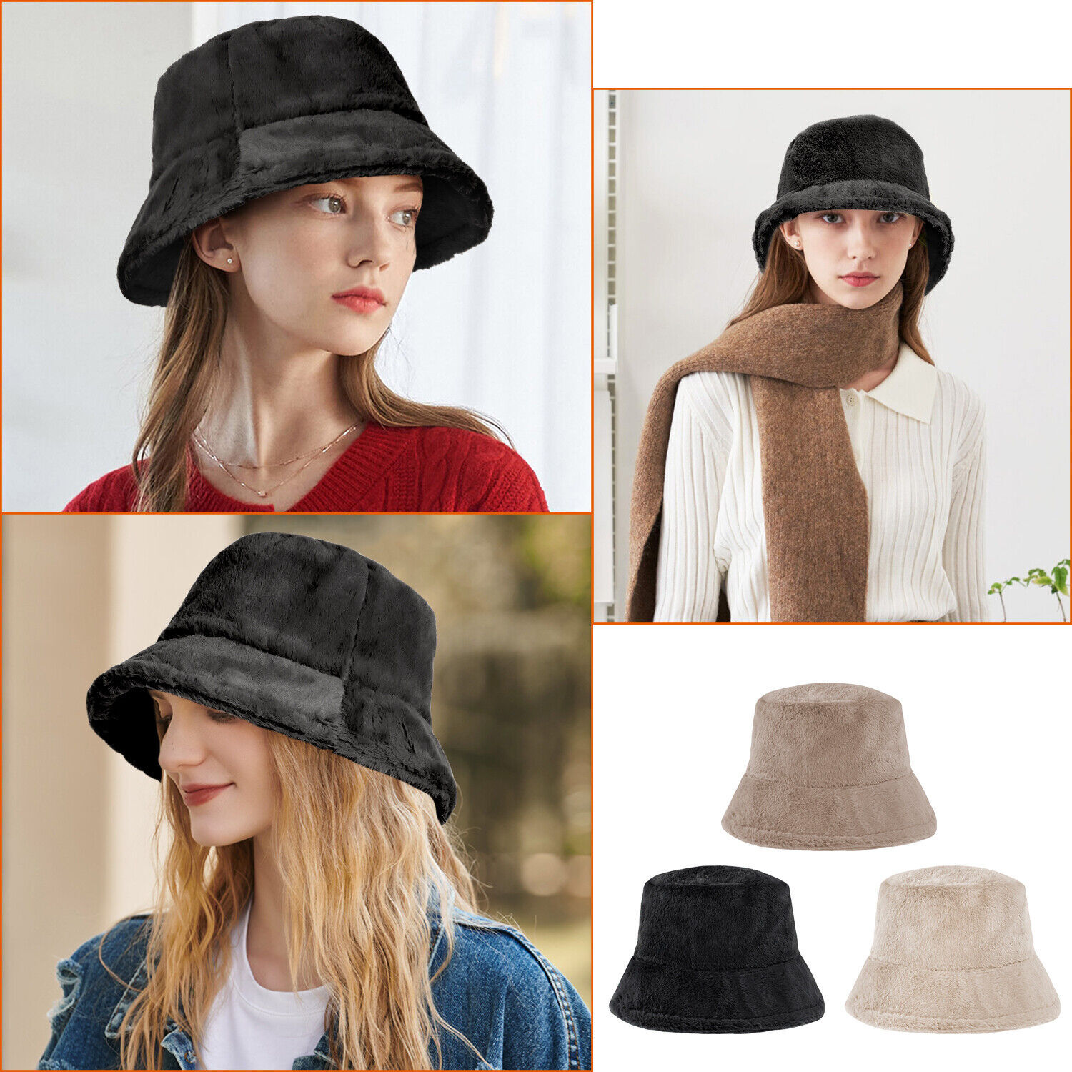 Women Faux Fur Bucket Hat Warm Fluffy Plush Bucket Hat Fisherman Cap Winter USA