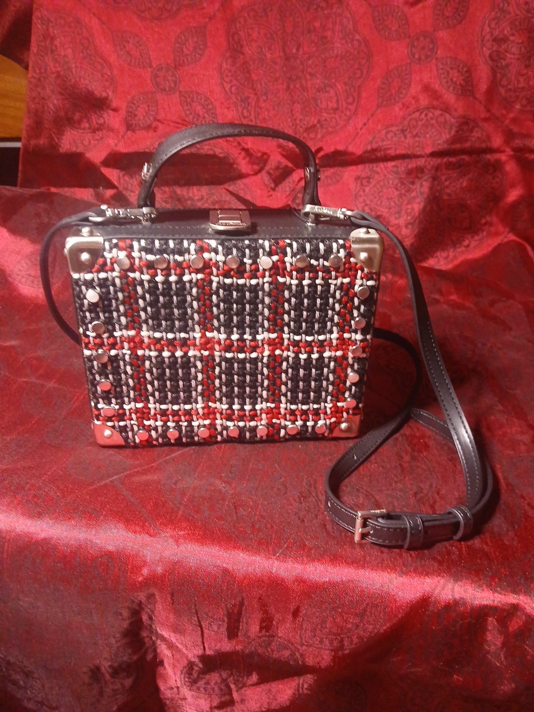 Black Sam Edelman Gracia Plaid Hardcase Crossbody Purse Woven Handbag Tweed