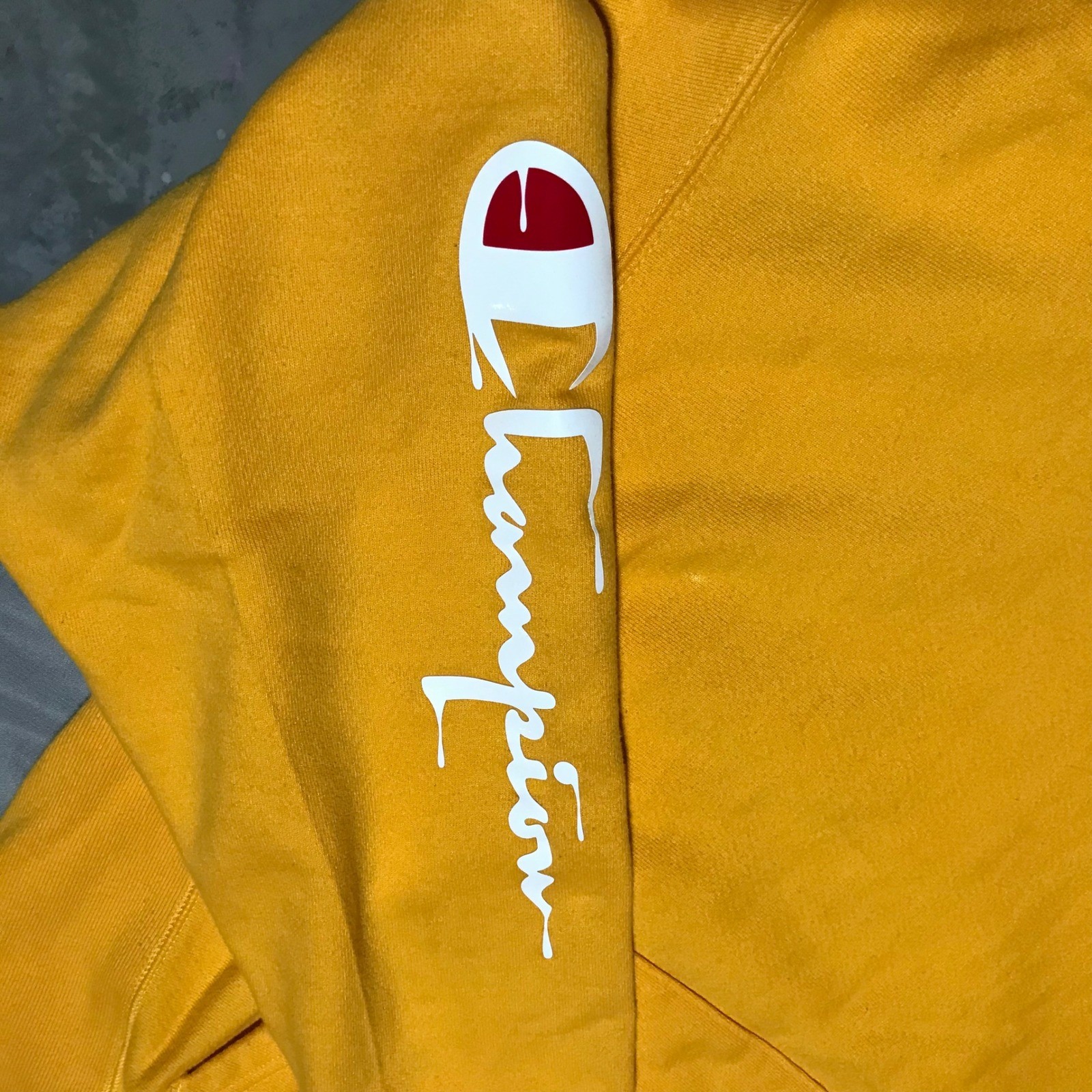 Champion Reverse Weave Gold Yellow Drip Logo Hoodie Mens Large GF68 BYC