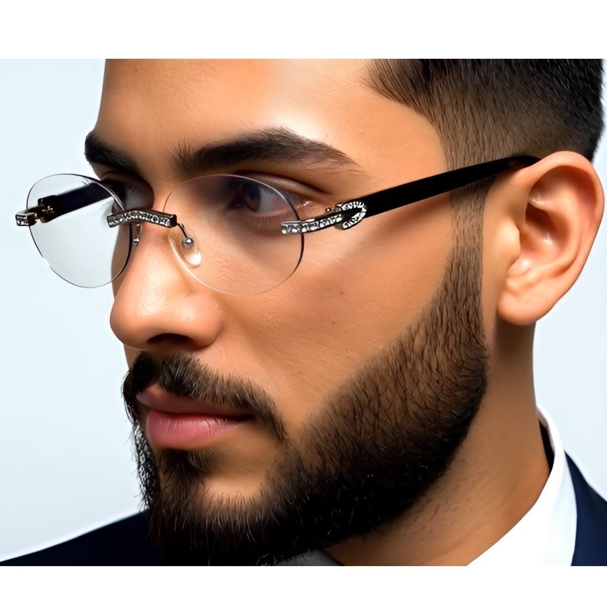 Rhinestone Rimless Round Sunglasses Fashion Clear Lens Glasses Hip Hop 80’s 90’s