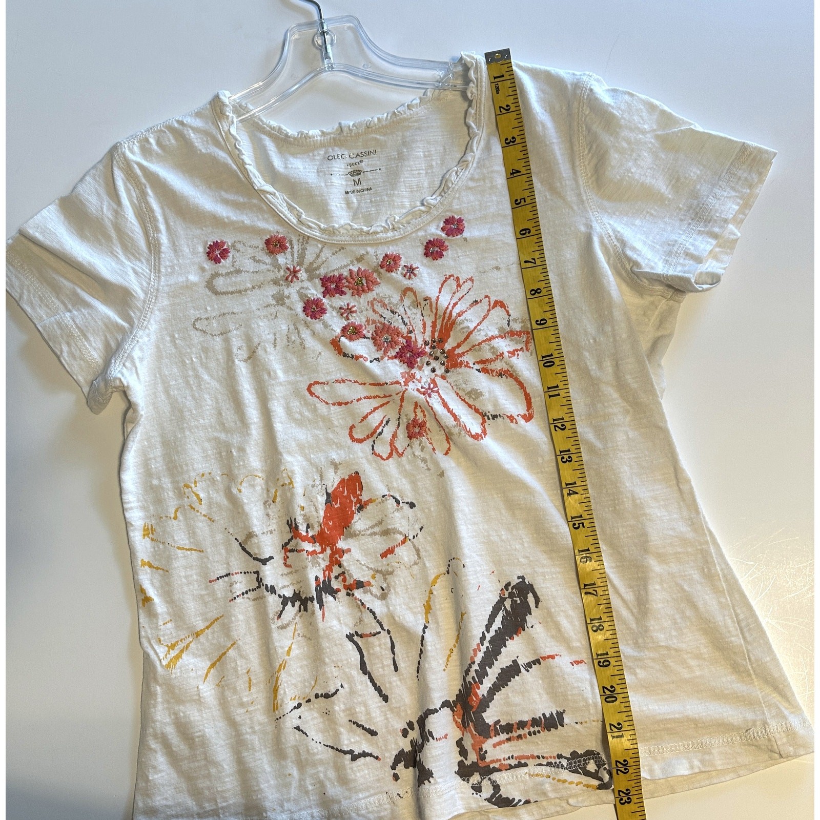 Oleg Cassini Sport Floral Vintage Tee Womens Medium White Embellished Casual Top