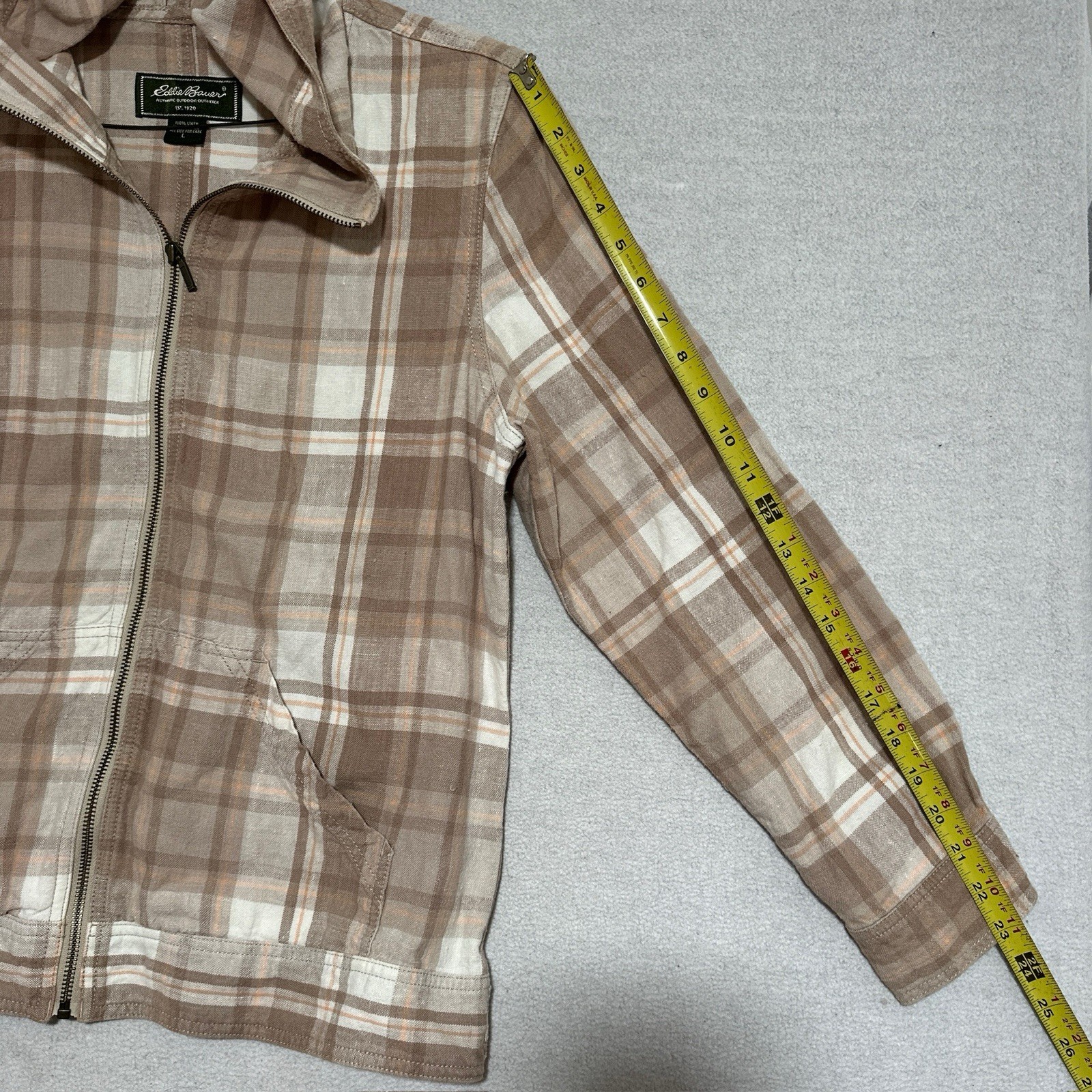 Eddie Bauer Women’s Plaid Hooded 100% Linen Full Zip Jacket Beige/White Large