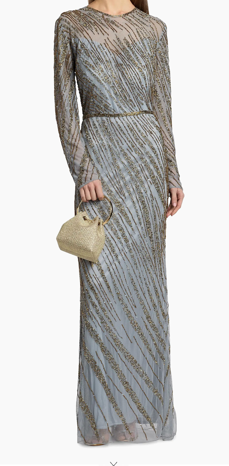 Mac Duggal Long Beaded Dress in Platinum with Gold Beads, size 10, $598