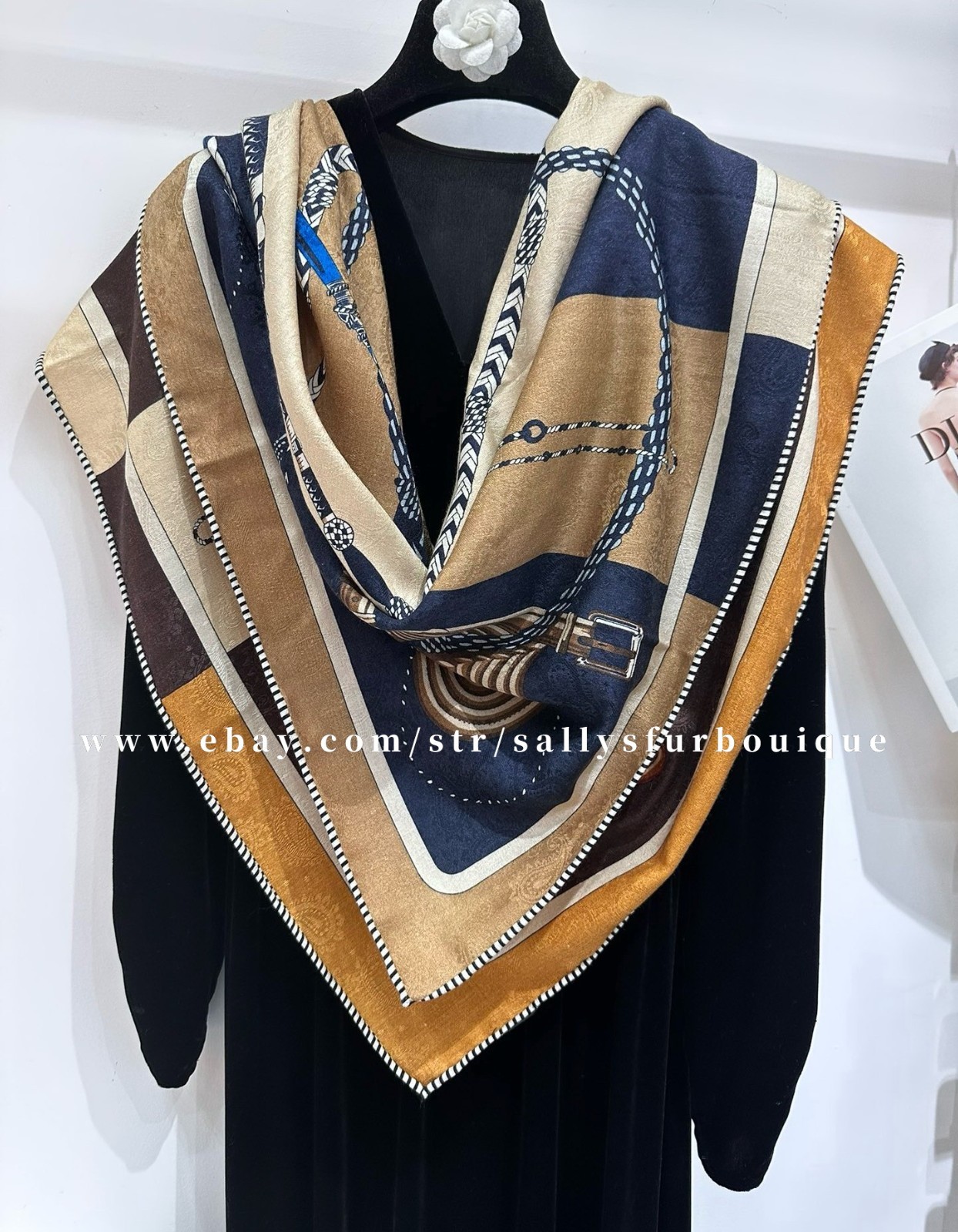70% Cashmere 30% Silk Jacquard Wrap Scarf Saddle Print 2 Face Shawl 43″