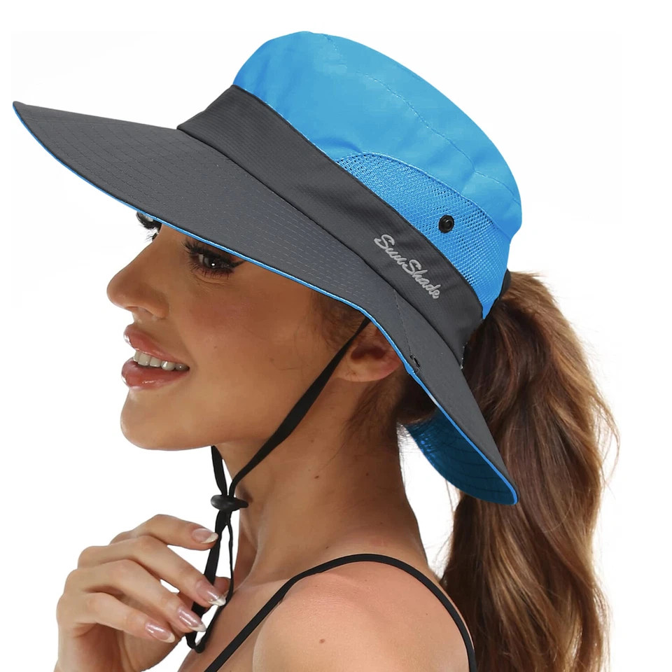 Women’s Summer Bucket Hat Travel Boonie Ponytail Wide Brim Sun UV Protection Cap
