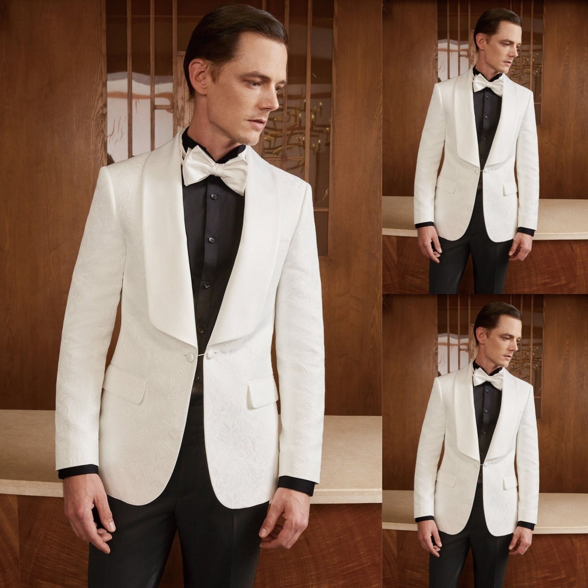 White Jacquard Business Men’s Tuxedos Slim Fit Evening Dinner Blazer Jacket Coat