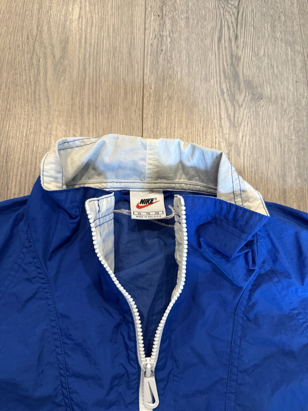 Vintage Nike Jacket Mens XL Blue White 90s Swoosh Big Logo Track Windbreaker
