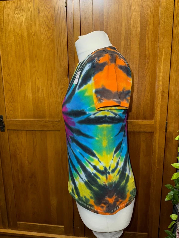 Small ladies tight fitting stretch rainbow swirl tie dye T-shirt