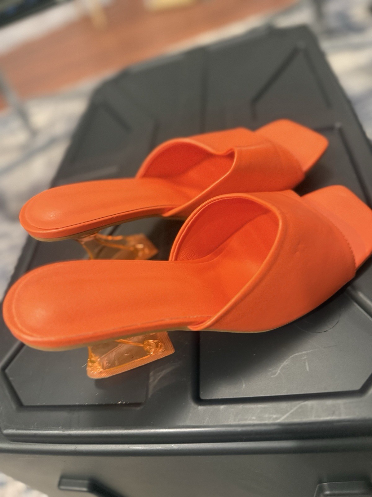 Women’s Orange Clear Heel Mule Sandals EU 43 Fits US 10 Square Toe Shoes