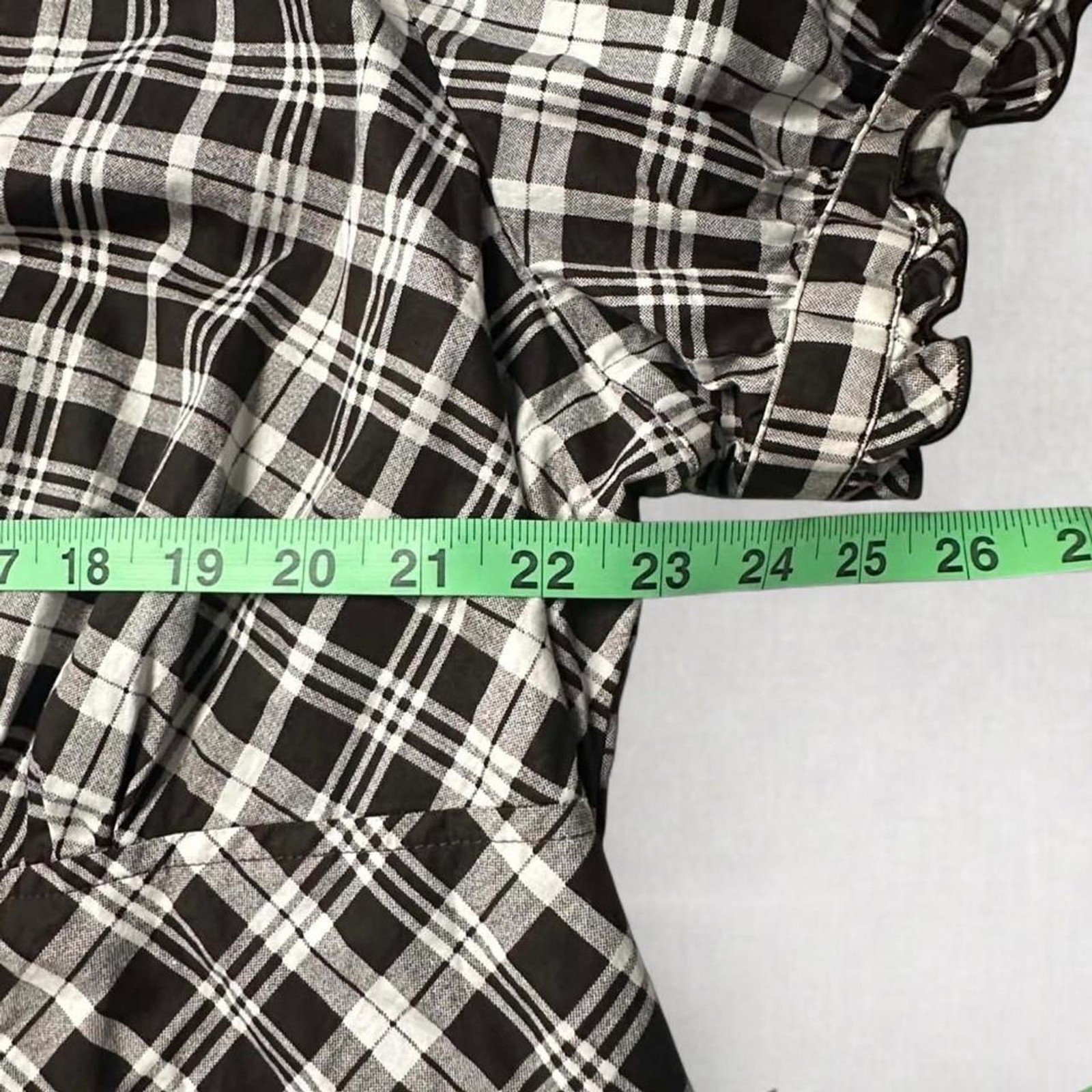 Black and White Plaid Button Up Blouse with Ruffle Details