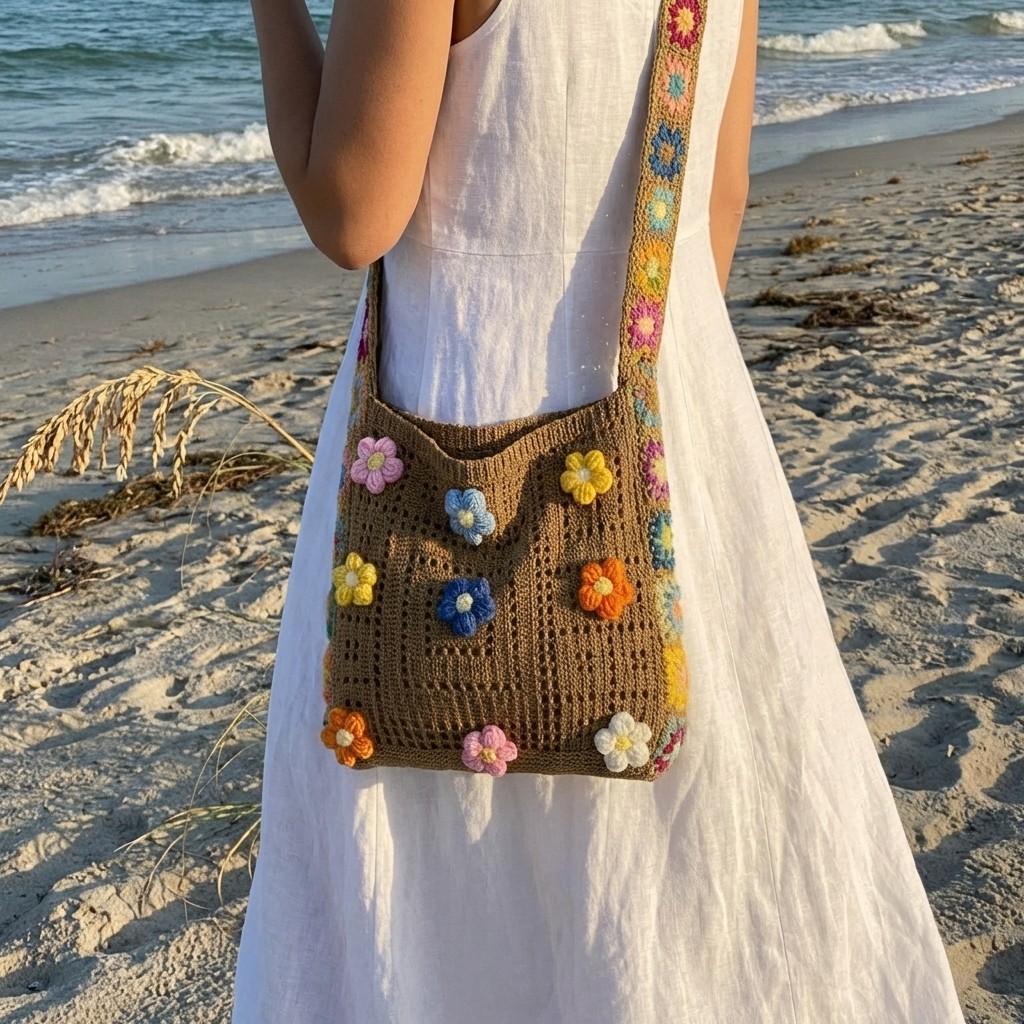 Flower Applique Crochet Bag Women Colorful Knit Crossbody Shoulder Purse US
