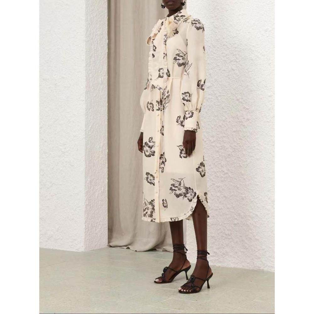 Zimmermann New Print Ruffle Collar Tie Neck Midi Dress Elegant Women