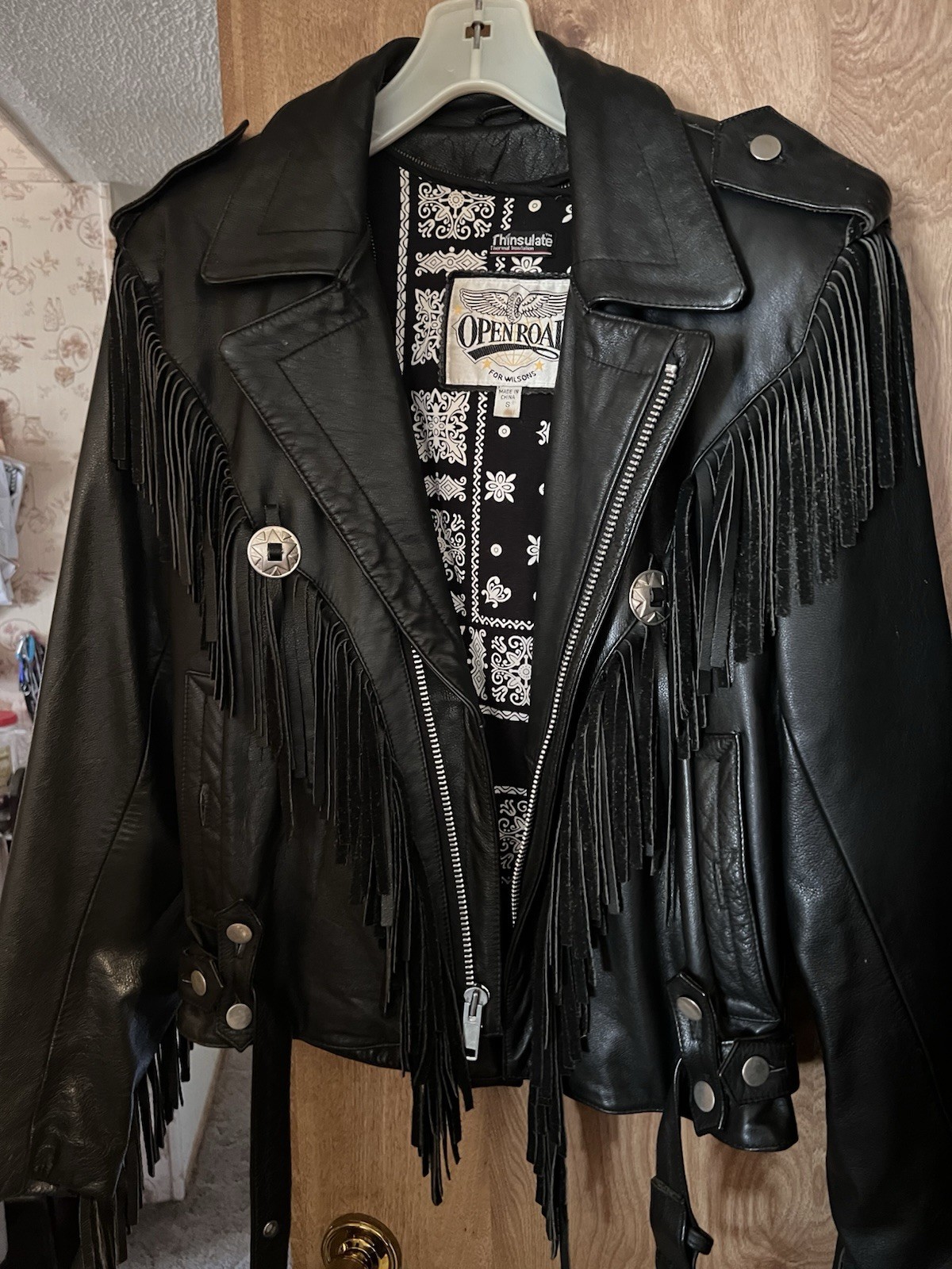 Open Road Women’s Black Leather Fringe Zip Biker Jacket Thinsulate Lined
