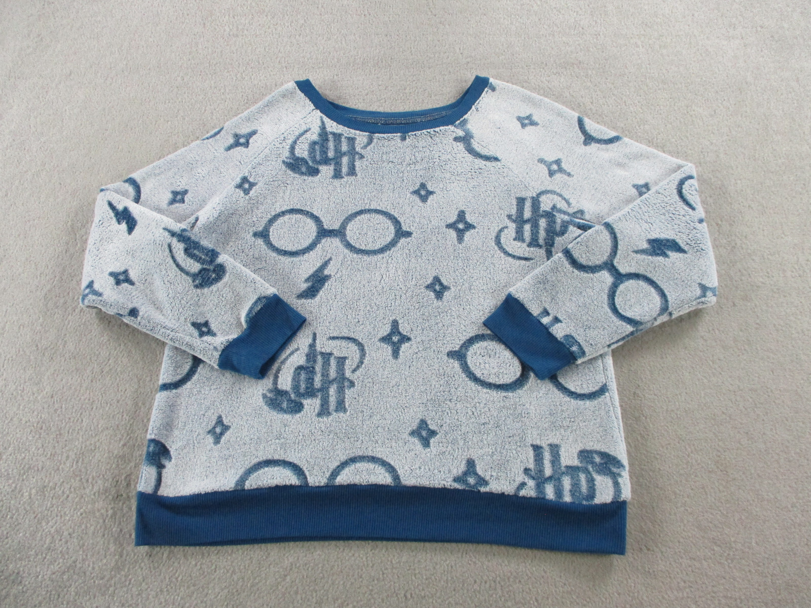 Harry Potter Sweater Womens Medium Blue Fleece Sweatshirt Soft Cozy Lounge Wear