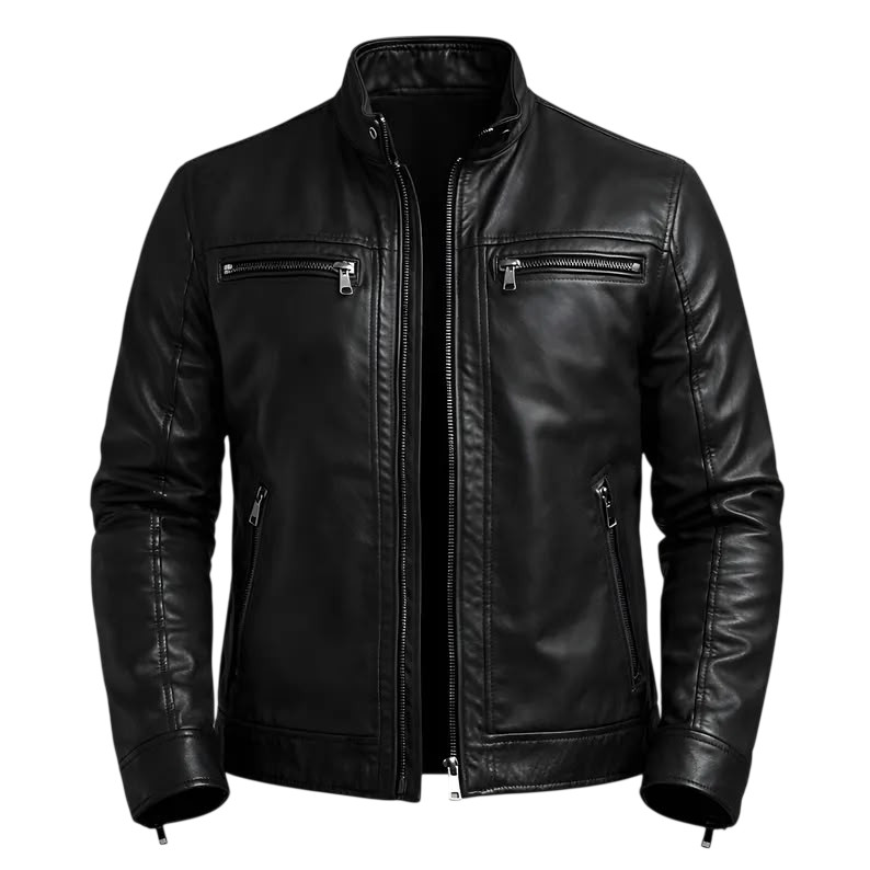 Men’s Black Leather Jacket Motorcycle Biker Zip Up Casual Slim Fit Coat