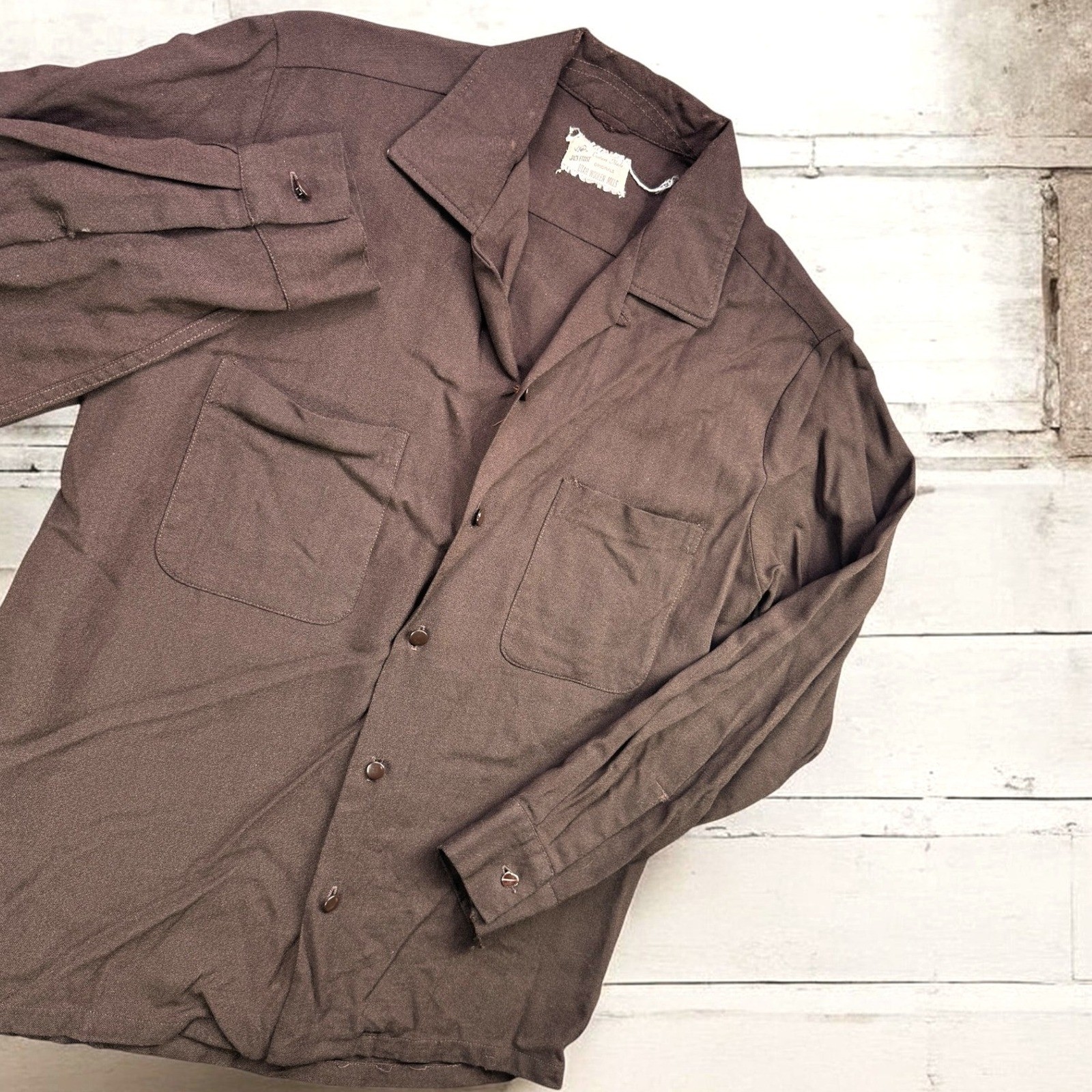 Rare Vintage Jack Frost Shirt Men M Brown Loop Collar Utah Woolen Mills 50s VTG