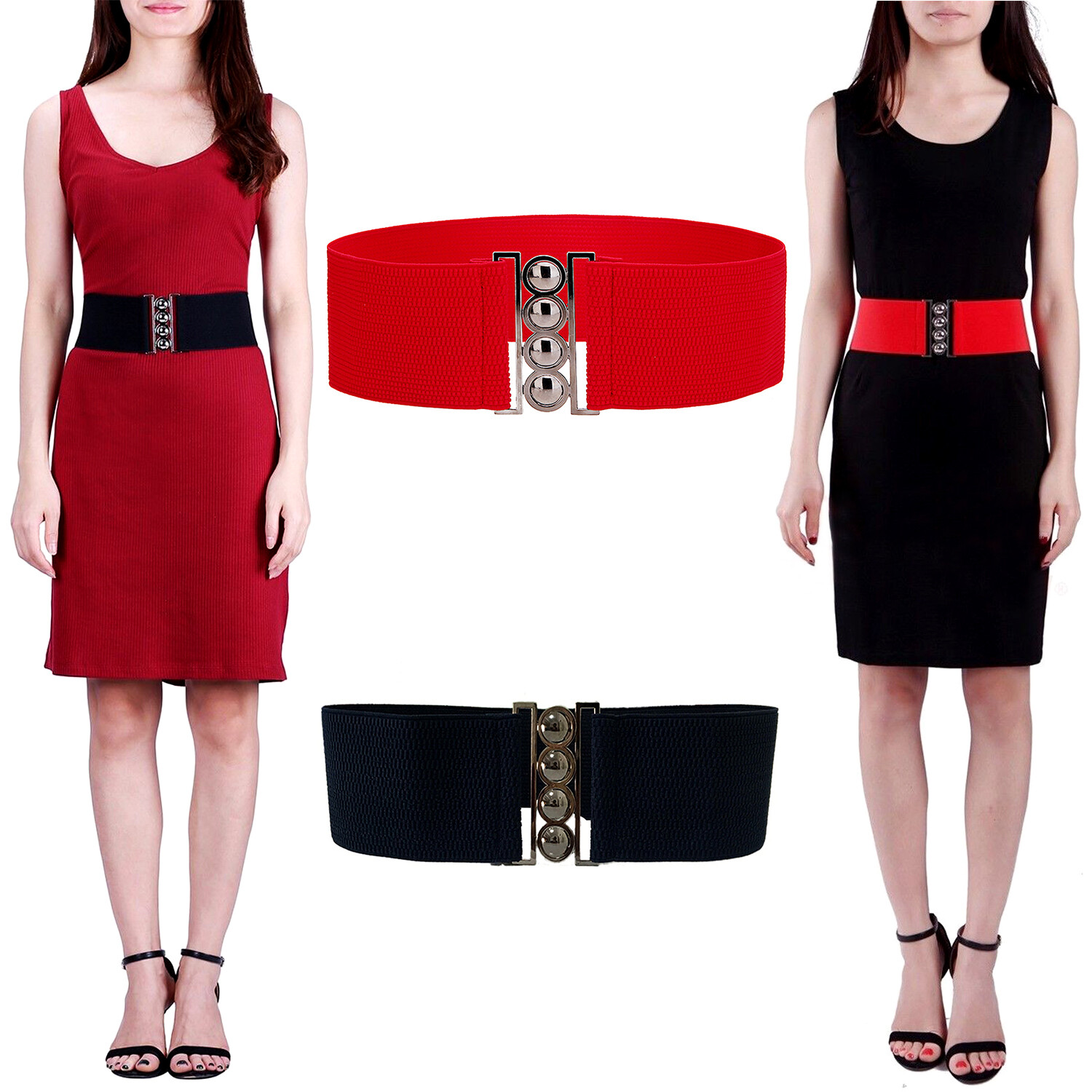Womens Fashion Elastic Cinch Belt 3″ Wide Stretch Waist Band Clasp Buckle