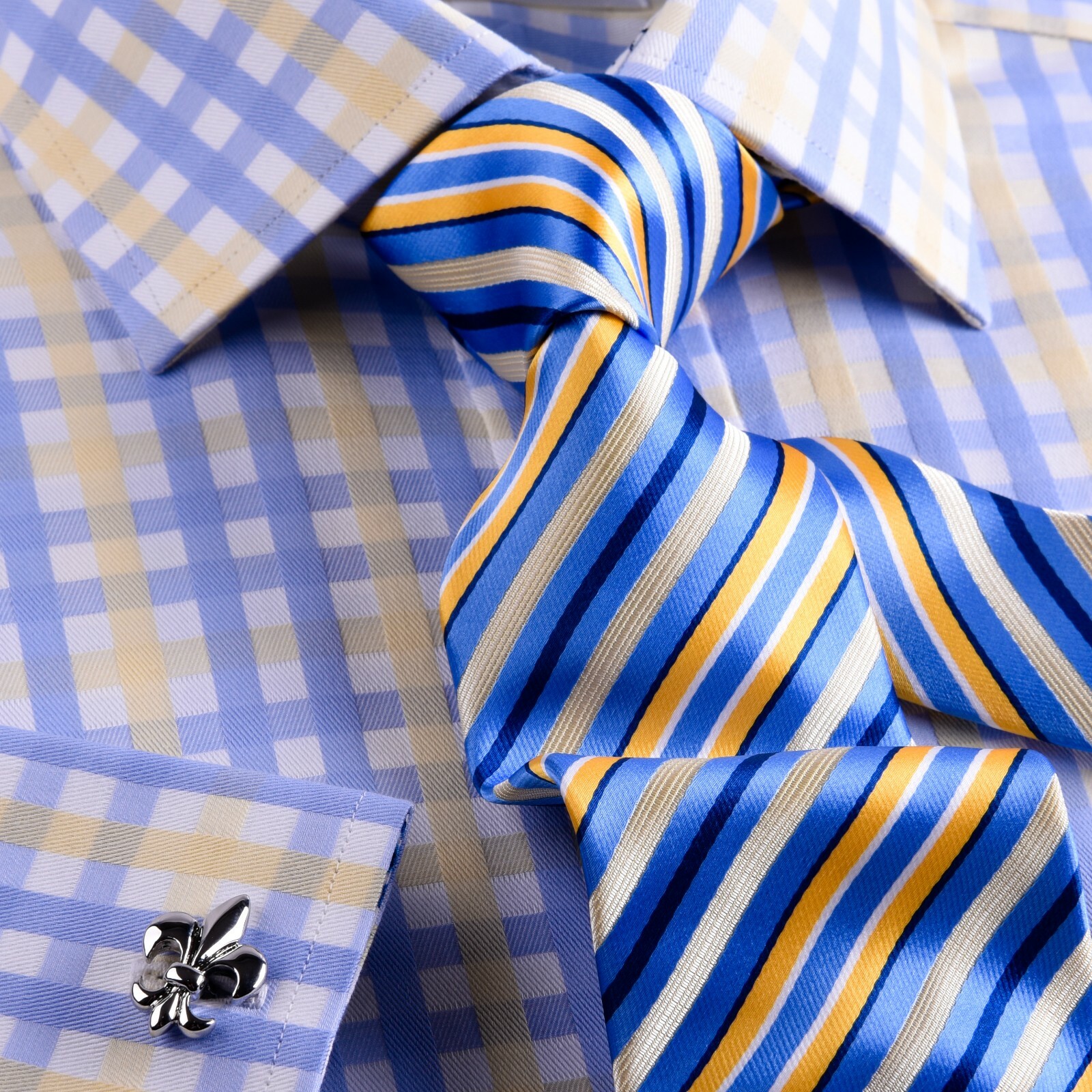 Blue & Yellow Check Formal Business Dress Shirt Paisley inner Lining Elegant