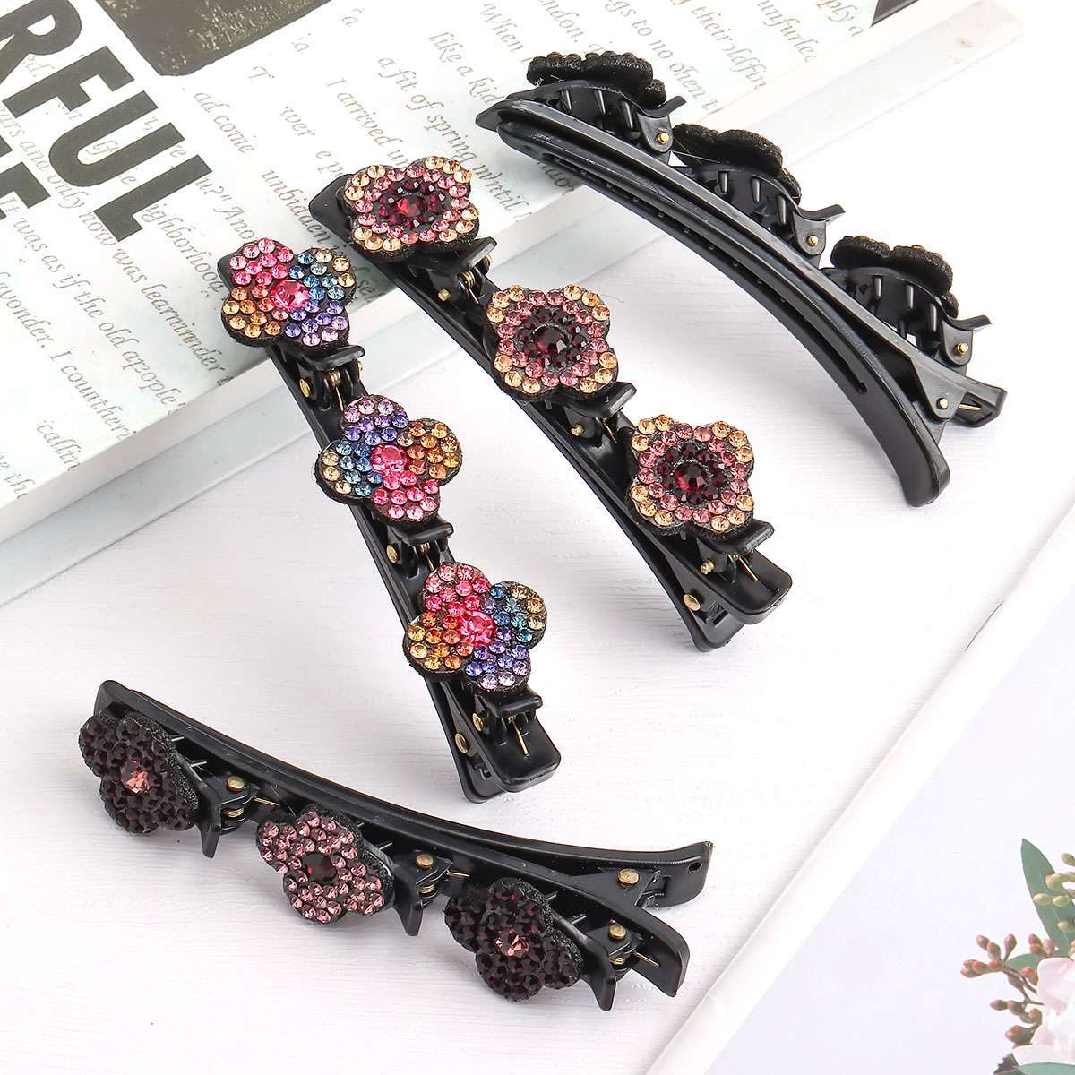 4PCS Sparkling Crystal Stone Double Bangs Satin Fabric Braided Hair Clips Bands