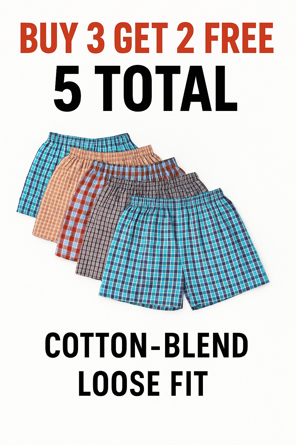 Men Cotton-Blend Boxer Shorts 5 Pack | Buy 3 Get 2 Free | Soft Loose Comfy Fit