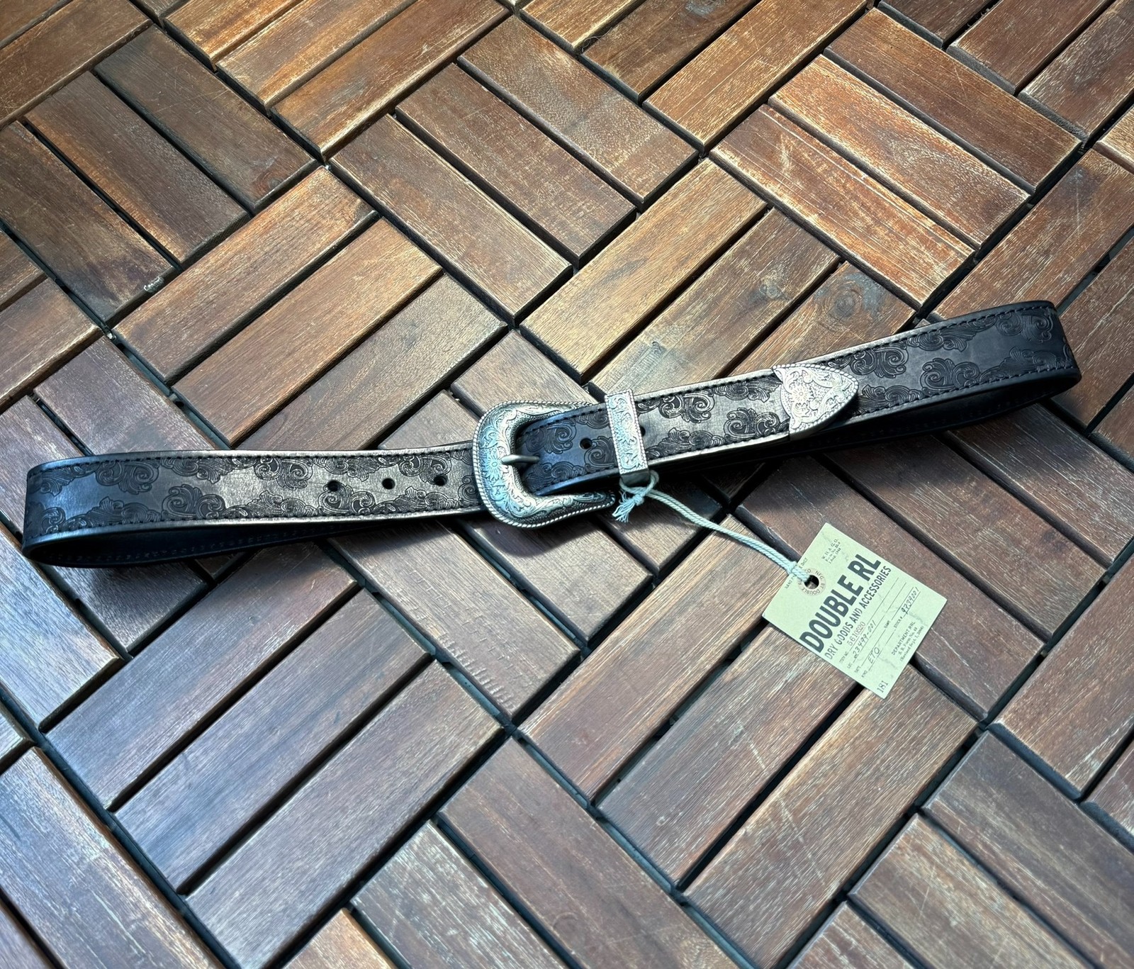RRL Double RL Leather Belt Western Floral Engraved Silver Buckle Size 34