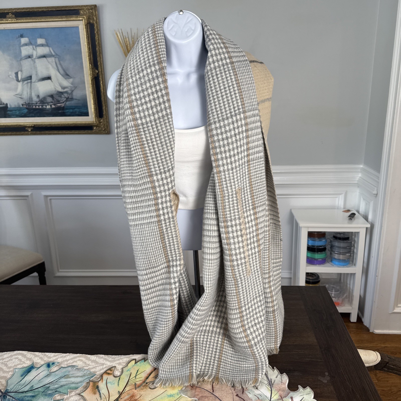 Soft Fringe Scarf Plaid Grey Beige White – 81” By 36” – Reversible W/ Hand Holes