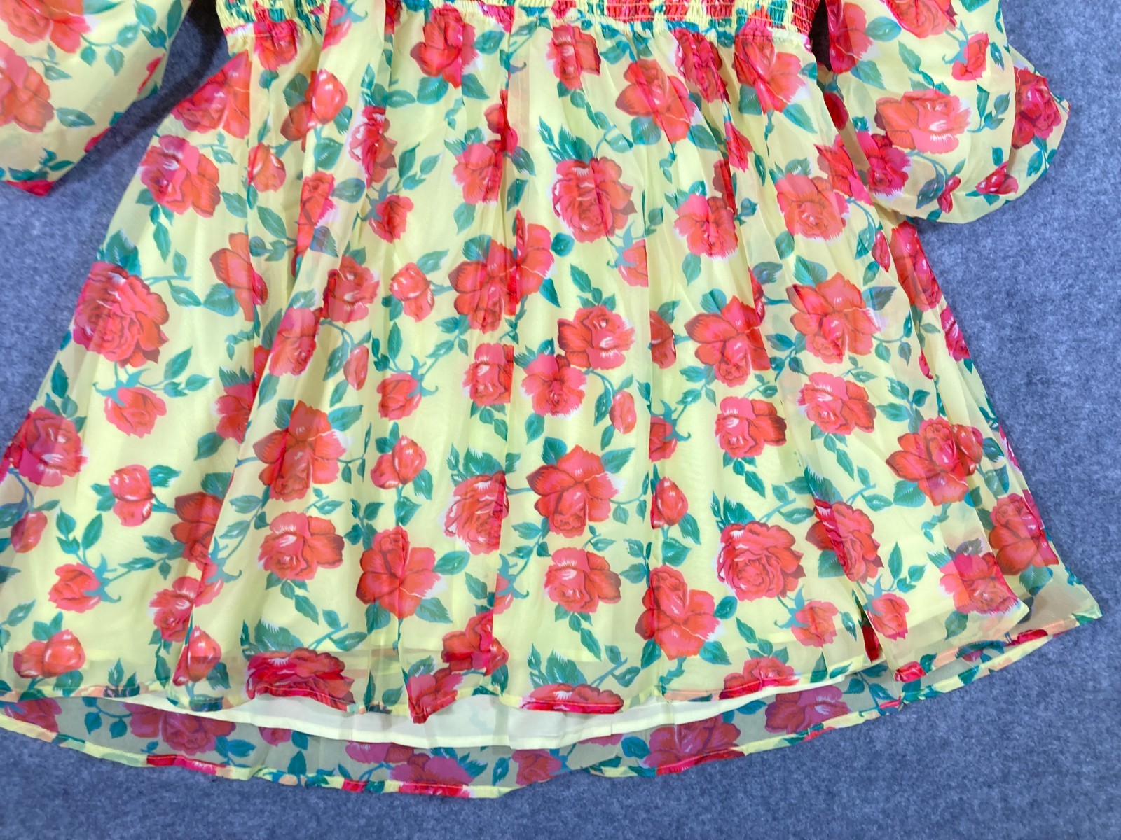 Betsey Johnson Baby Doll Dress Womens XL Yellow Floral Smocked Puff Sleeve NWT