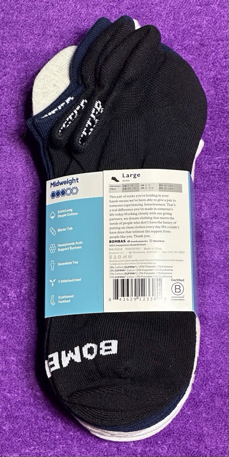 Bombas 4-Pack Ankle Socks Size Large Brand New Unisex Multicolor 4-Pairs