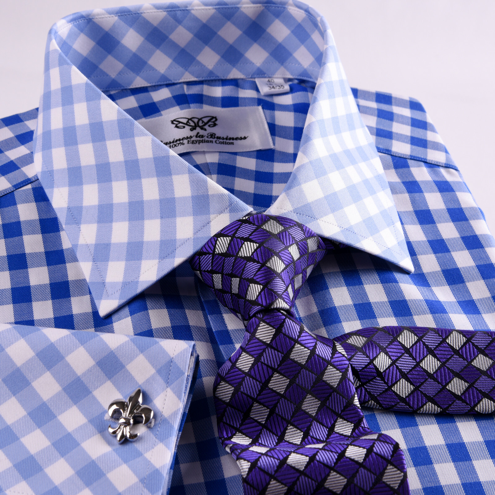 Blue Check Designed Business Shirt Easy Iron Wrinkle Free Contrast Collar & Cuff