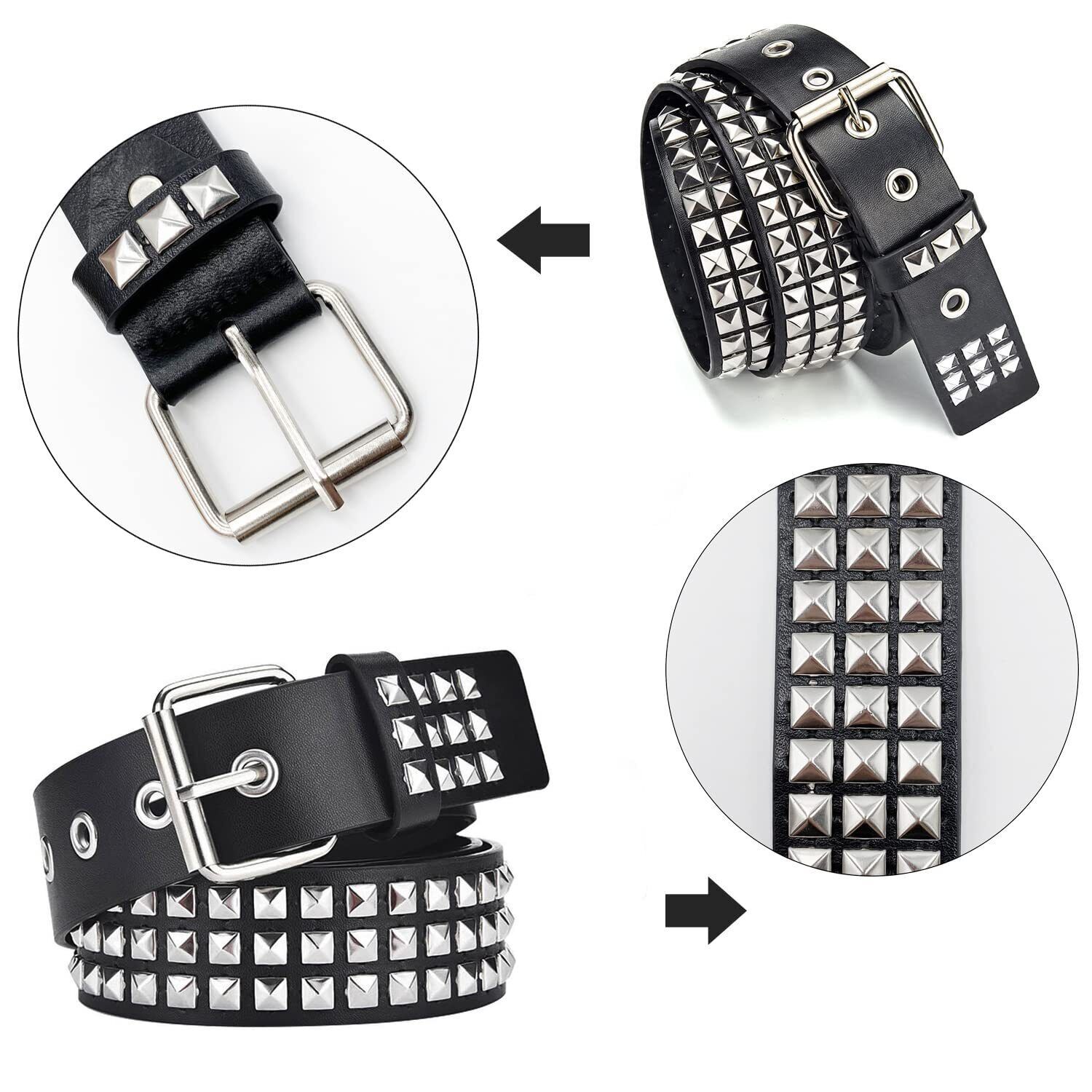 3 Row Pyramid Studded Belts Emo Stud Belt PU Leather Rock Punk Goth Metal Rivet