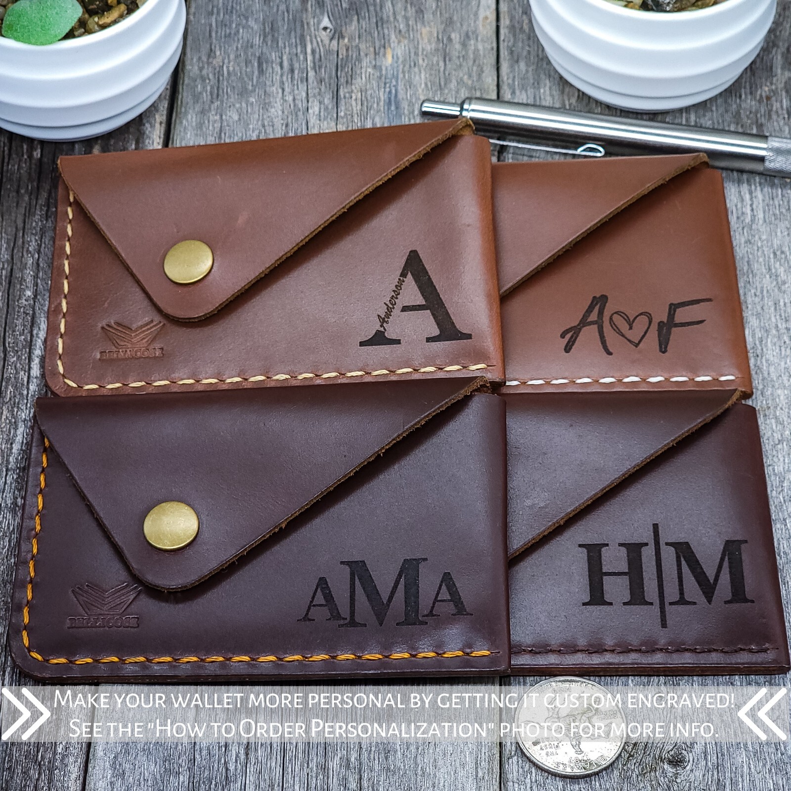 Compact Cards Holder Wallet Front Pocket Snap Leather Wallet Case Gift Engraving