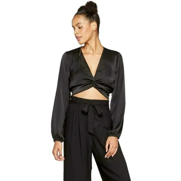 Wild Fable Long Sleeve Satin Low Cut Twist Front Cropped Top 2XL Free Ship NWT