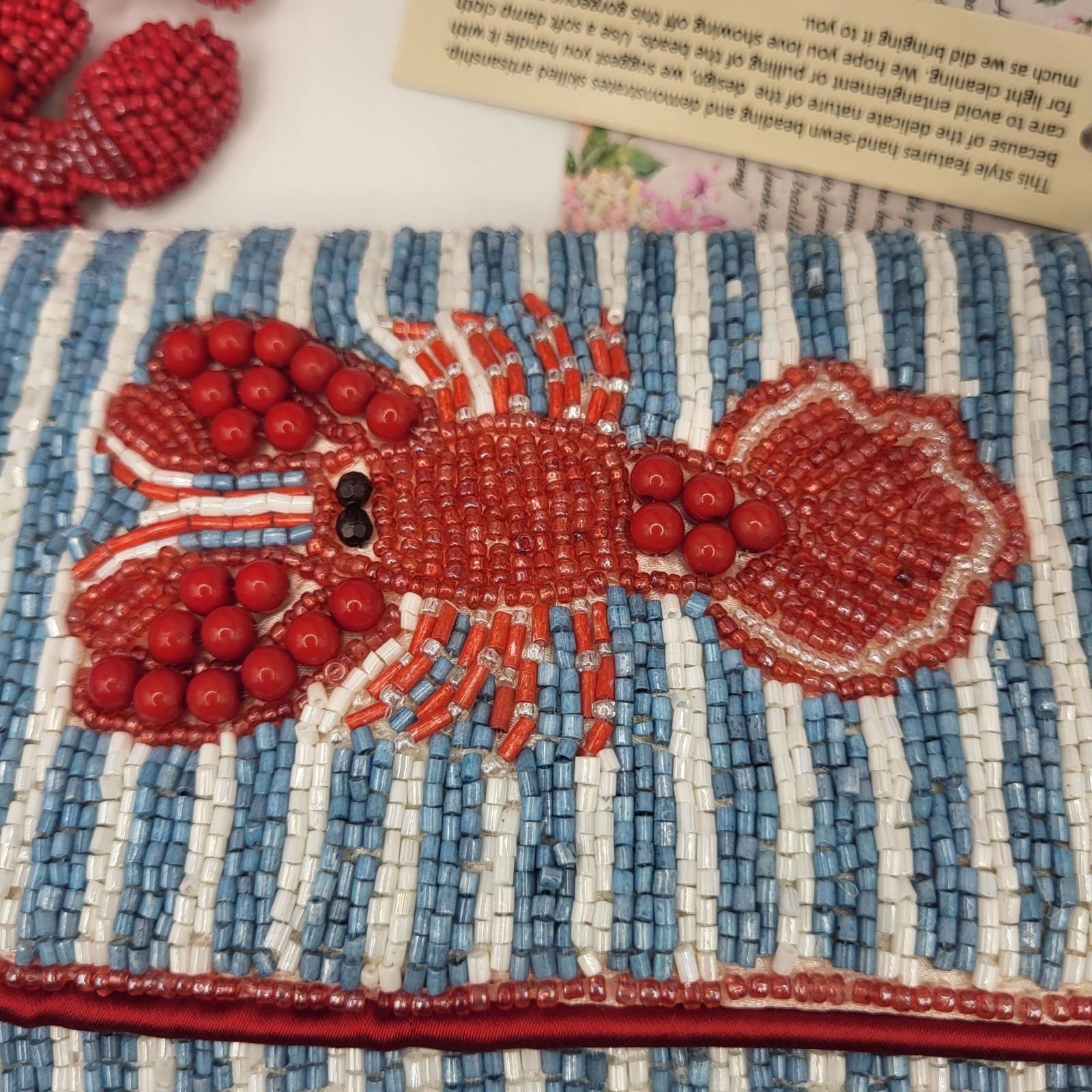 New Handcrafted in India Lobster Beaded Shoulder Bag Red Blue with Bag Charm